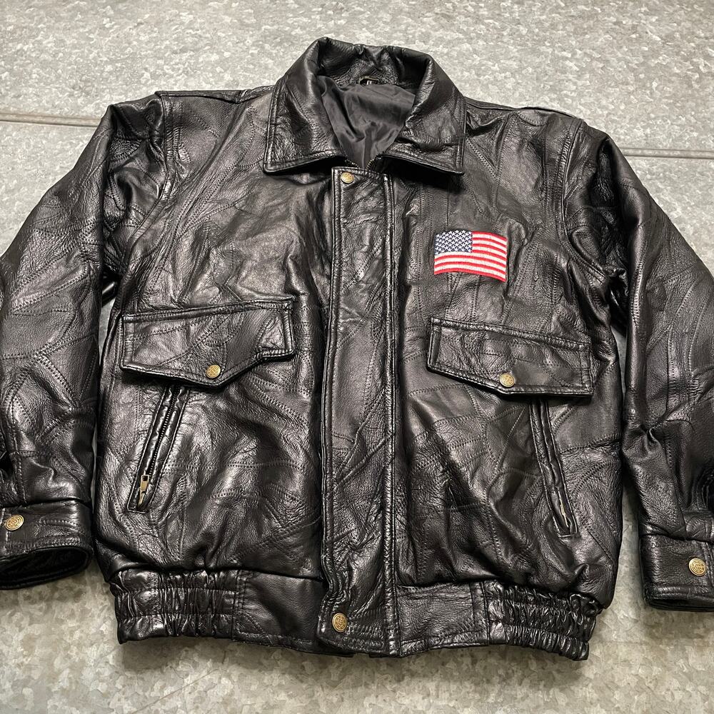 Vintage God Bless America Eagle USA Flag Black Leather Patchwork Jacket Small